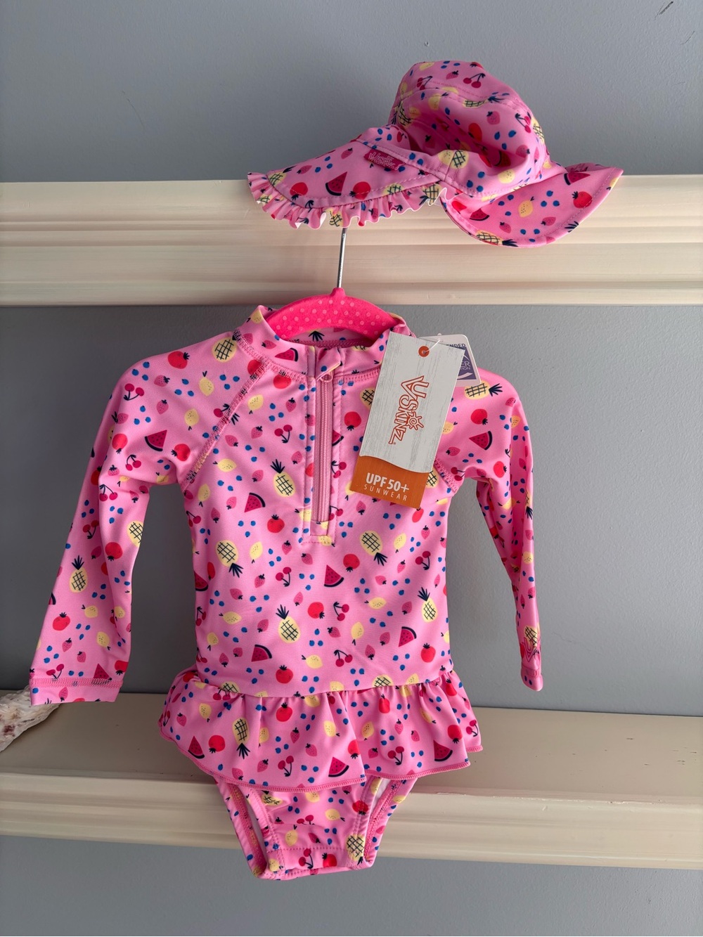 UV Skinz Kids Pink UPF 50+ Long Sleeve Ruffle Swim Suit with Hat